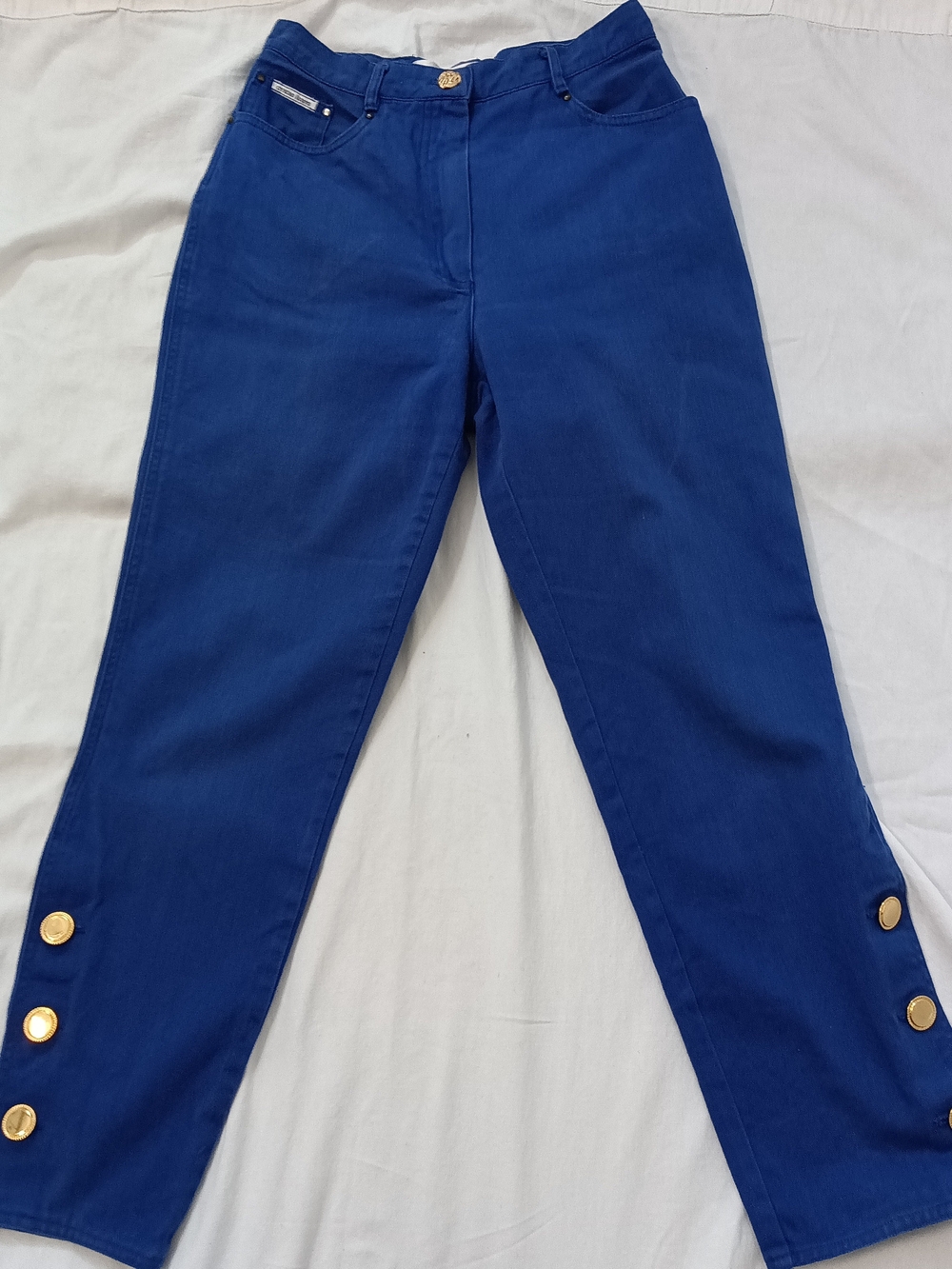 Vintage Christian Llinares Straight-Leg Jeans Gold Button Hem Cobalt Blue